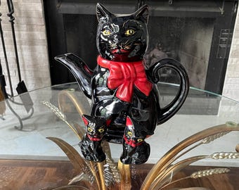 Vintage Black Cat Teapot with Matching Salt & Pepper Shakers | Japan Ceramic Cat Kitchen Decor | Halloween Kitsch