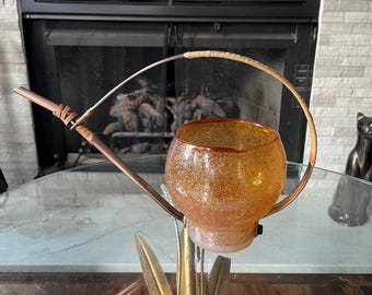 Mid Century Amber Art Glass Watering Can Vase Bullicante Glass Copper & Rattan Handle MCM Planter Centerpiece Decor