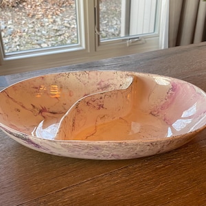Sascha Brastoff Surf Ballet Pink & Gold Oval Divided Vegetable Bowl 14”