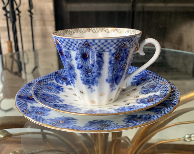 Lomonosov Cobalt Net Tea Trio: Vintage USSR Imperial Porcelain