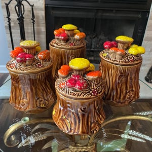 Vintage California Pottery Mushroom Tree Stump Canister Set of 4 ...
