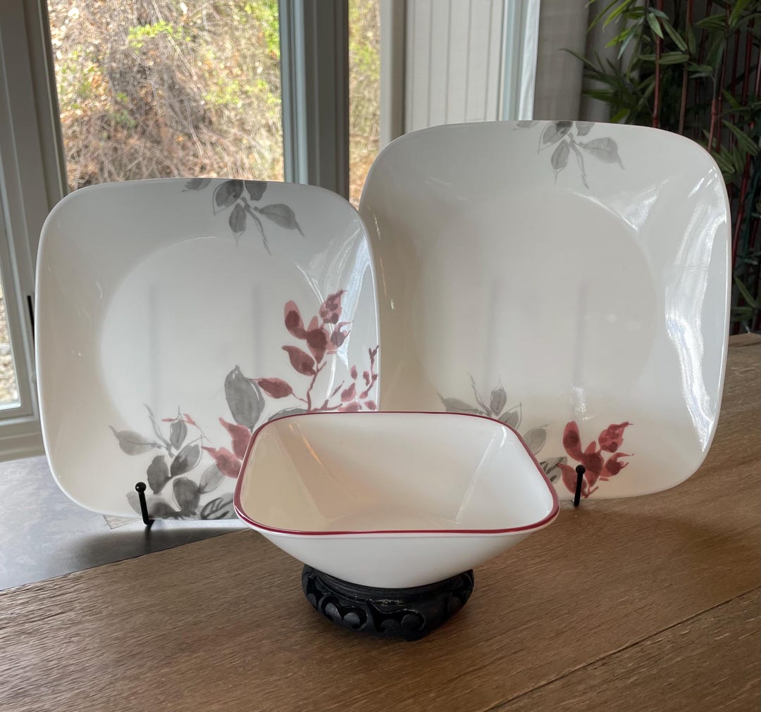 Corelle Kyoto Leaves 3-piece Square Dinnerware Set Gray Burgundy ...