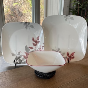 Corelle Kyoto Leaves 3-Piece Square Dinnerware Set Gray Burgundy Vitrelle Break Resistant