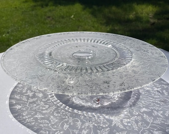 Paden City Cake Stand Spring Orchard Satin Clear Glass with Bird and Floral Etching