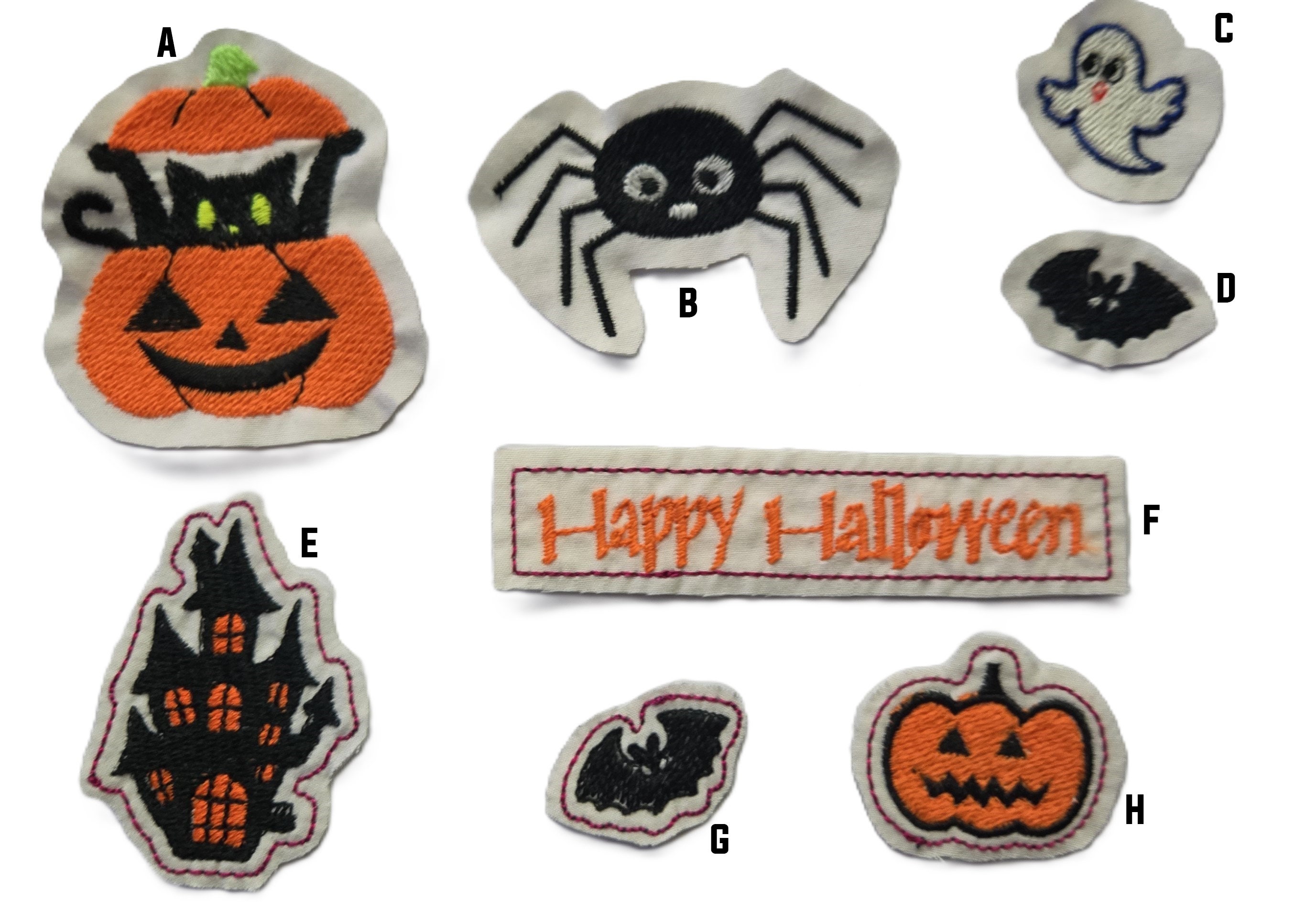 Glow In The Dark / UV Reactive Halloween Pix n Mix Iron On Embroidered Patch - Choose 3 - Ghost, Pumpkin, Cat, Haunted House, Spider