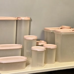 Vintage Pink Tupperware Strawberry Cream Oval Modular Mates Kitchen Storage 20 Piece Set w/ Pink Lids / Frosted Food Containers - Rare Find
