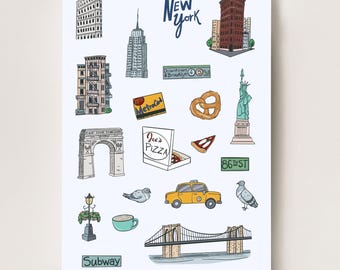 May include: A white print featuring New York City landmarks and icons. The illustration includes the Empire State Building, Statue of Liberty, a yellow taxi, pizza, a pretzel, and the Brooklyn Bridge. The artist's signature is in the bottom right corner.