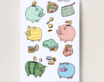 Piggy Bank Mini Sticker Sheet,  Bullet Journal Stickers, Budget Planner Stickers