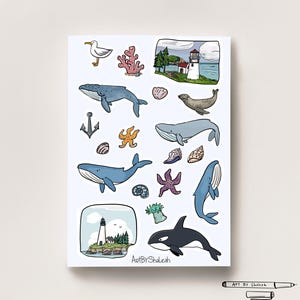 May include: A sheet of stickers featuring a variety of ocean-themed illustrations, including whales, a lighthouse, a seagull, a starfish, and a seal. The stickers are in a cartoon style and are perfect for adding a touch of whimsy to any project.