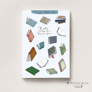 May include: A light blue background with the text "Book Lover" at the top. The text "Books Can take you to Wonderful Places." is in the center of the image. There are 12 illustrations of books in various colors and styles.