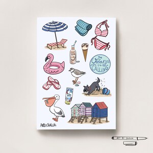 May include: A colourful illustration of beach items including a parasol, deckchair, towel, bikini, flamingo, flip-flops, ice cream, sunscreen, bird, dog, pelican, and beach huts. Text reads "The Ocean is Calling".