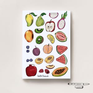 May include: A print featuring watercolor illustrations of various fruits, including mangoes, pears, apples, kiwi, dragon fruit, watermelon, and more. The artwork is colorful and detailed, with the artist's signature "Art By Shaleah" visible.