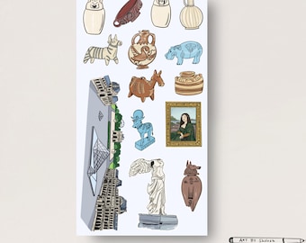 May include: A set of 14 colorful stickers featuring iconic Parisian landmarks and art, including the Eiffel Tower, the Louvre, and the Mona Lisa. The stickers are perfect for adding a touch of Parisian charm to your planner, laptop, or water bottle.