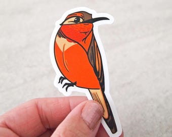 Peut inclure: Un autocollant représentant un oiseau stylisé aux couleurs orange, marron et beige. L'oiseau a un long bec noir et se détache sur un fond blanc. L'autocollant est tenu par une main.