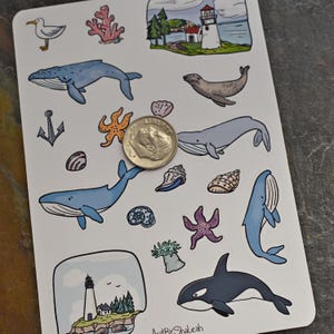 May include: A sheet of stickers featuring various ocean-themed illustrations, including whales, a sea lion, a lighthouse, coral, and seashells. The stickers are printed on white paper and are approximately 2.5 cm in diameter.