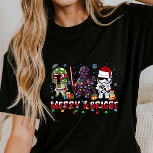 Disney Star Wars Merry Bright Shirt, Christmas Darth Vader Boba Fett Stormtrooper Shirt, Disney Christmas Trip Shirt, Christmas Tee