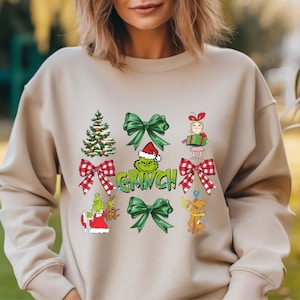 Grinch Christmas Coquette Bow Shirt, Whimsical Shirt, Festive Sweatshirt, Unisex Retro Xmas Tee, Funny Grinch Gift T-shirt