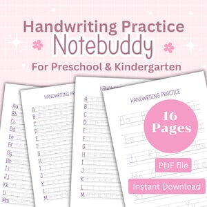 Könnte beinhalten: Ein Stapel Schreibübungsblätter für die Vorschule und den Kindergarten. Die Arbeitsblätter sind weiß mit rosa Akzenten und zeigen das Alphabet. Das Bild enthält den Text "Handwriting Practice Notebuddy" und "16 Pages".