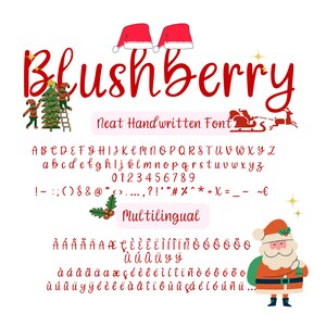 May include: A digital graphic showcasing the word "Blushberry" in a red, handwritten font, with a Christmas theme. The image includes a full alphabet, numbers, symbols, and multilingual characters. Santa Claus and Christmas hats are also featured.