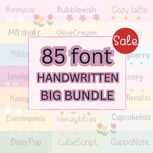 May include: A digital graphic featuring a pink rectangle with the text "85 font HANDWRITTEN BIG BUNDLE". The word "Sale" is in a red circle. The background has pastel colors and various font names.