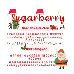 Può includere: Grafica festiva con la parola "Sugarberry" in corsivo rosso, accompagnata da un set di caratteri. Il design include cappelli di Babbo Natale, un albero di Natale e un'illustrazione di Babbo Natale. Sono presenti anche i testi "Neat Handwritten" e "Multilingual".