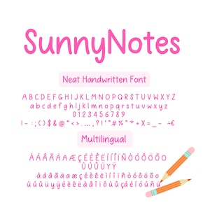 May include: A graphic featuring the text "SunnyNotes" in pink, showcasing a neat handwritten font. The image displays the alphabet, numbers, symbols, and multilingual characters, with two pencils in the bottom right corner.