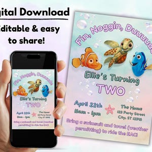 May include: A digital download birthday party invitation featuring cartoon characters from a popular animated film. The invitation includes the text "Fin, Noggin, Duuuude" and "Ellie's Turning TWO". The invitation also includes party details.
