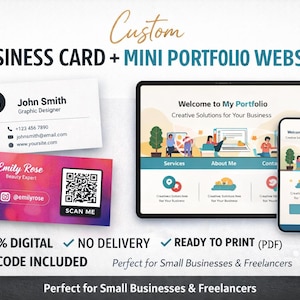 Peut inclure: Conception de carte de visite et de mini site web de portfolio. La carte de visite présente le nom "John Smith" et ses coordonnées. Une deuxième carte porte le nom "Emily Rose" et un code QR. Une tablette et un téléphone affichent une conception de site web. Le texte comprend "100% DIGITAL" et "READY TO PRINT".