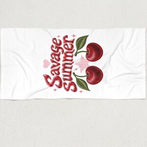 Savage Summer Cherry Beach Towel - Retro Coquette Aesthetic Bath Towel, Y2K Style Pool Accessories, Girly Summer Gift for Her, White Towel