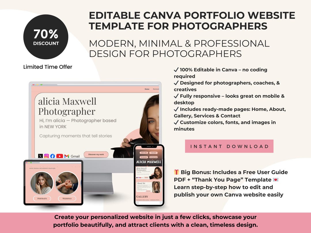 Editable Canva Portfolio Website Template for Photographers, Creatives ...
