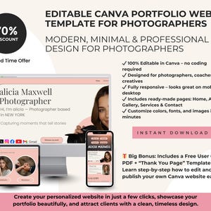 Peut inclure: Publicité pour un modèle de site web de portfolio Canva modifiable pour photographes. Le design est moderne et minimaliste, avec un code couleur rose et blanc. L'image montre un ordinateur, une tablette et un téléphone affichant le site web.