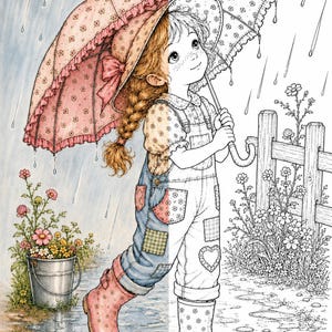 May include: A split-view illustration of a child with braided hair holding a floral umbrella in the rain. The left side is colored in soft pinks and blues, while the right side is a black and white line drawing. The child wears overalls and boots.