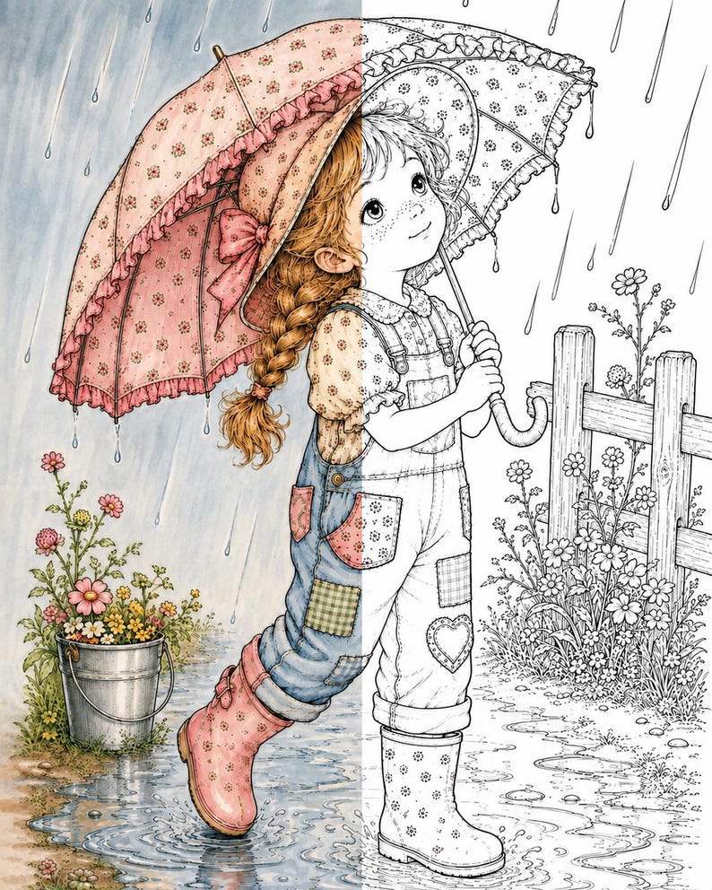 May include: A split-view illustration of a child with braided hair holding a floral umbrella in the rain. The left side is colored in soft pinks and blues, while the right side is a black and white line drawing. The child wears overalls and boots.
