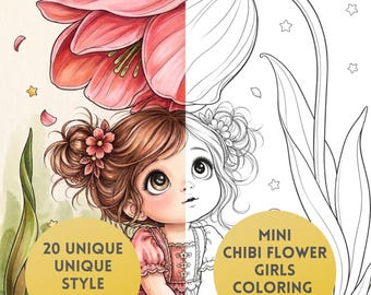 Chibi Flower Girls Coloring Book PDF, 20 Cute Floral Coloring Pages, Kawaii Girl Coloring Book Alcohol Marker Inspiration Printable Download
