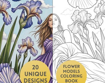 Flower Models Coloring Book for Adults | 20 Floral Women Coloring Pages | Fashion & Flowers Printable | Digital Download | Procreate