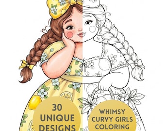 Whimsy Curvy Girls Coloring Book, 30 Cute Curvy Girl Coloring Pages, Cute Chubby Girls Coloring Book, Procreate PDF Download