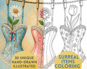 Blooming Items Coloring Book, 30 Surreal Floral Coloring Pages, Floral Objects, Cottagecore, Hand Drawn Style PDF Download