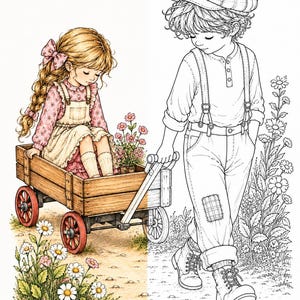 May include: A split-style illustration featuring a colored section with a girl with long blonde hair sitting in a wooden wagon filled with flowers, and a black and white line art section showing a boy in a cap and suspenders pulling the wagon.