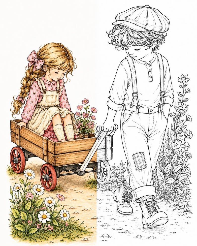 May include: A split-style illustration featuring a colored section with a girl with long blonde hair sitting in a wooden wagon filled with flowers, and a black and white line art section showing a boy in a cap and suspenders pulling the wagon.