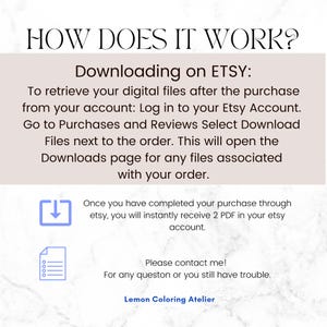 May include: An informational graphic titled HOW DOES IT WORK? explaining the Etsy digital download process. It includes instructions to log into an Etsy account, navigate to Purchases and Reviews, and select Download Files. It also mentions receiving 2 PDFs.