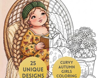 Curvy Autumn Girls Coloring Book, 25 Cozy Fall Curvy Girl Coloring Pages, Cute Chubby Girls, Procreate PDF Download