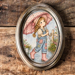 May include: An oval-framed wall art piece featuring a detailed illustration of a child with braided hair wearing blue denim overalls and pink polka-dot rain boots. The child holds a large pink floral umbrella while standing in the rain near a fence.
