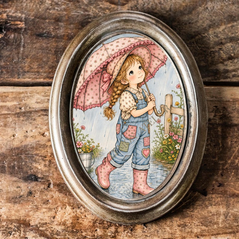 May include: An oval-framed wall art piece featuring a detailed illustration of a child with braided hair wearing blue denim overalls and pink polka-dot rain boots. The child holds a large pink floral umbrella while standing in the rain near a fence.