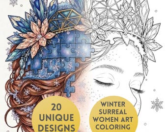 Winter Surreal Women Coloring Book | 20 Surreal Female Coloring Pages | Winter Fantasy Adult Coloring | Acrylic Inspiration | Printable