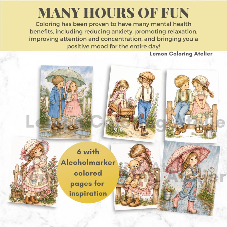 May include: Six coloring pages featuring illustrations of children in various outdoor settings. The text reads MANY HOURS OF FUN, Lemon Coloring Atelier, and 6 with Alcoholmarker colored pages for inspiration. The drawings show children with umbrellas, wagons, and toys.