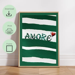Amore poster, stripe print, kitchen wall decor art, dopamine decor, eclectic wall art, maximalist poster emerald green digital download