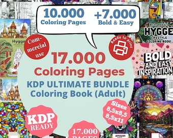 10.000 + 7.000 páginas para colorear sencillas y llamativas para adultos, paquete interior KDP de 17k, listo para KDP, páginas para colorear, uso comercial, paquete de libro para colorear