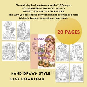 May include: A coloring book titled Nostalgia Art Coloring Book featuring 20 pages of hand-drawn style illustrations. The cover shows a child holding a teddy bear, surrounded by eight black and white line art scenes of children in outdoor settings.
