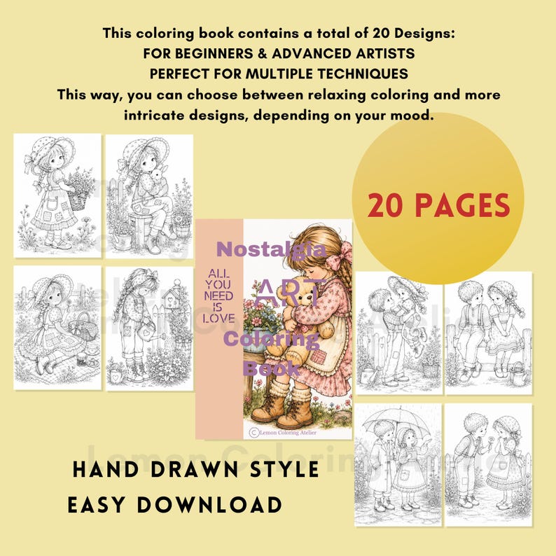 May include: A coloring book titled Nostalgia Art Coloring Book featuring 20 pages of hand-drawn style illustrations. The cover shows a child holding a teddy bear, surrounded by eight black and white line art scenes of children in outdoor settings.