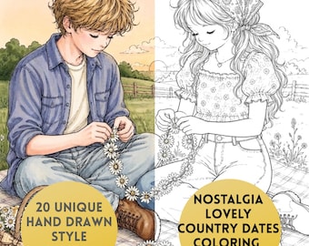 Nostalgic Country Dates Coloring Book, 20 Romantic Vintage Cottagecore Coloring Pages, Cozy Farm Life, Hand Drawn Style PDF